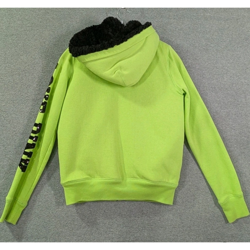 PINK Victoria's Secret Hoodie S Neon Green Sherpa Lined Sequin Logo Zip - Picture 2 of 13